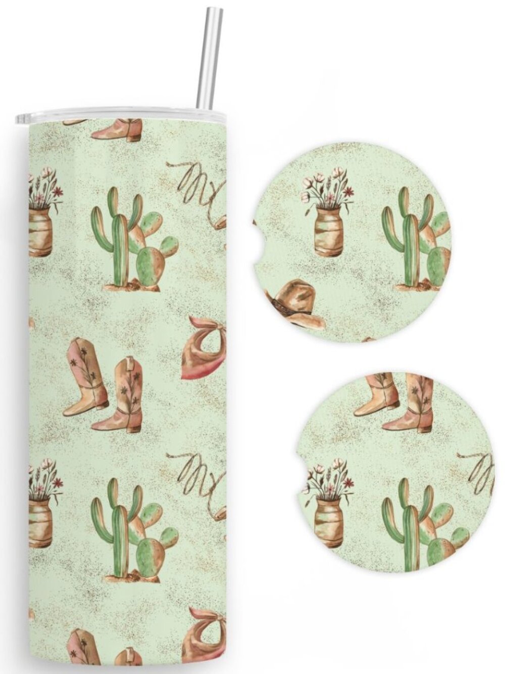 Cactus Western 20oz Skinny Tumbler with Matching Car Coasters Gift Set Bundle
